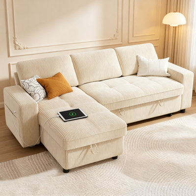 Canapé-lit en L 81 po en velours côtelé avec méridienne de rangement, dossier réglable à 3 niveaux, ports USB et Type-C, assemblage facile sans outil