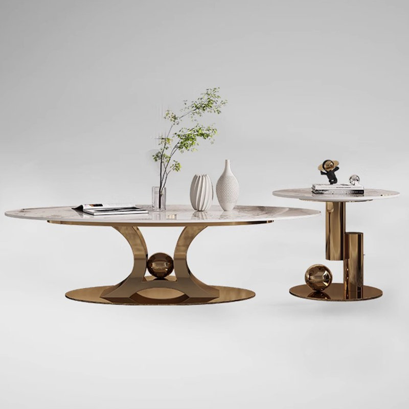 Italian minimalist oval rock table, Gold Titanium, Colorful