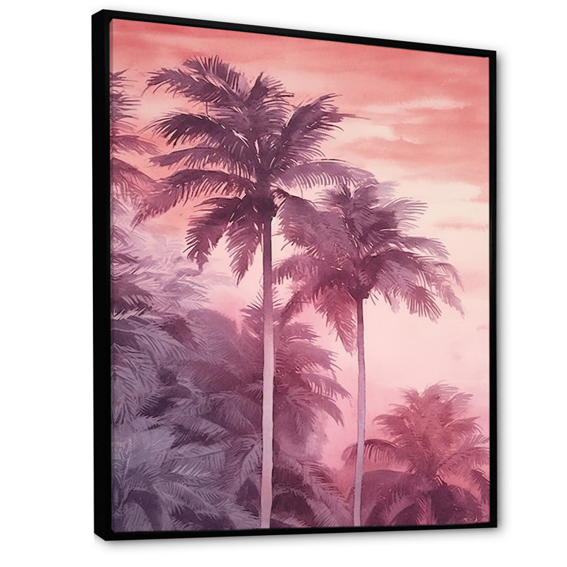 Palmiers roses rétro avec ombres II, Cadre flottant noir, H 32 po x l 16 po x P 1 po