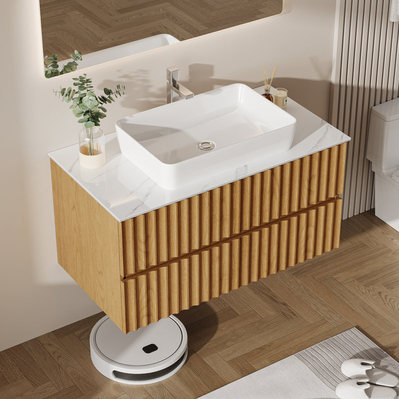 Meuble-lavabo de 36 po en noyer, plateau en pierre frittée blanche avec lavabo, deux tiroirs