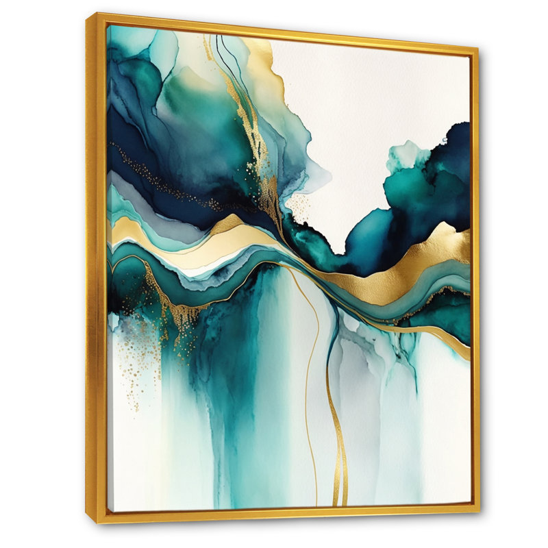 «Teal and Gold Abstract Expression I», art mural abstrait à l'encre liquide, L 24 po x H 32 po, Cadre flottant doré