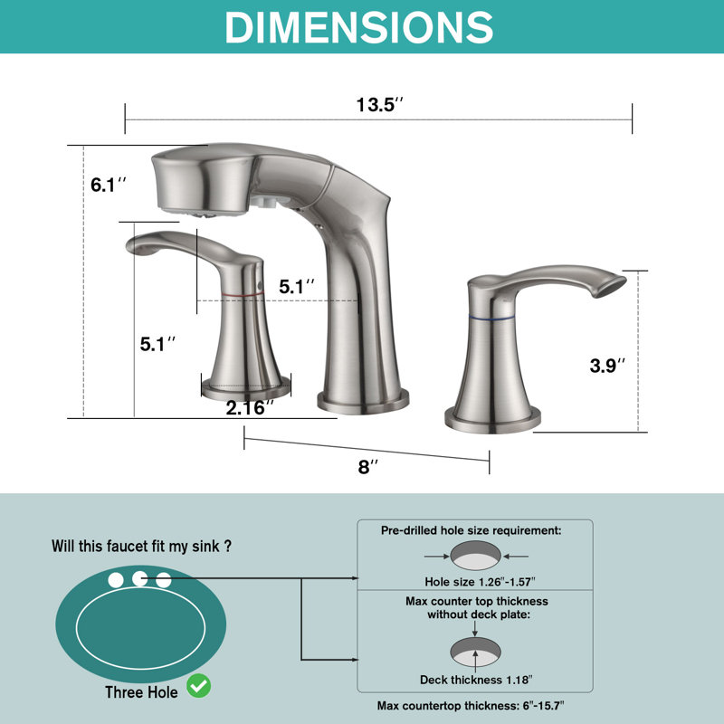 Widespread Faucet 2-handle Bathroom Faucet 3 Hole with Pull Out Sprayer, Brushed Nickel