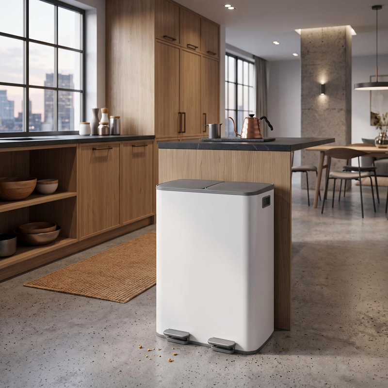 2 poubelles de cuisine en acier inoxydable à deux compartiments avec bac à recyclage, White