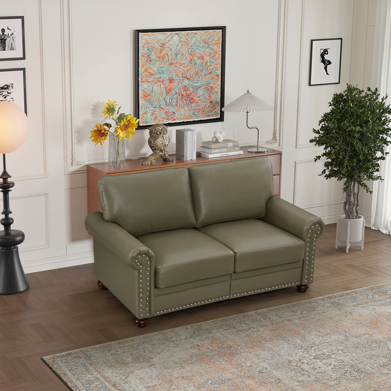 Canapé de salon en cuir de polyuréthane avec rangement, garniture cloutée, 34.5" H x 59.45" W x 31.89" D, Taupe