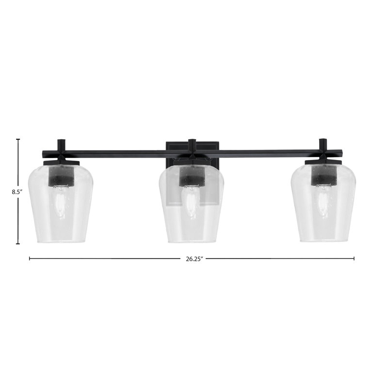 Bar de salle de bain Finola illustré avec verre à bulles, Noir mat, 3 lumières, H 8,5 po x l 26,25 po x P 6,75 po