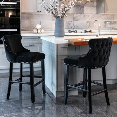 De 2 velours contemporain avec décoration à boutons, pieds en bois, garniture (chaises de bar noires de style loisir - capitonnage rembourré, pieds et têtes de clous 2 pièces (noir) Sw1824bk