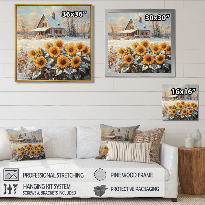 Dorothi tournesols et la ferme enneigée - art mural tournesols, H 30 po x l 30 po, Toile tendue, Ne s’applique pas