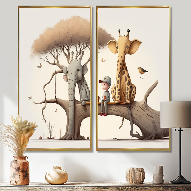 Giraffe And Elephant With Kids - Cream Canvas Prints, 40" H x 40" W, Impression encadrée flottante, Gold