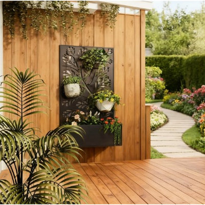 Lit de jardin mural autoportant en métal avec treillis pour plantes grimpantes sur le balcon du patio, panneaux d'intimité découpés, zone de sol de 8 gallons, plantes de drainage, l 24 po x l 9,1 po, H 44,5 po