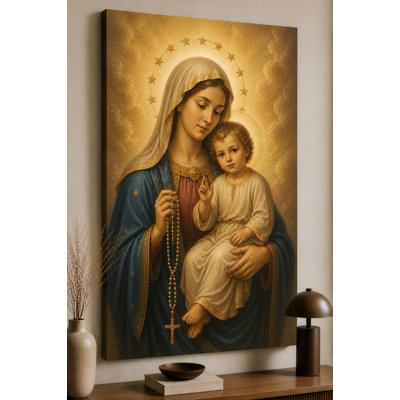Large Virgin Mary with Child Rosary Wall Art Canvas Print 24x36 Inch   Religious Artwork for  Office, Living Room, Bedroom, Home, Prayer Room-Ready to Hang