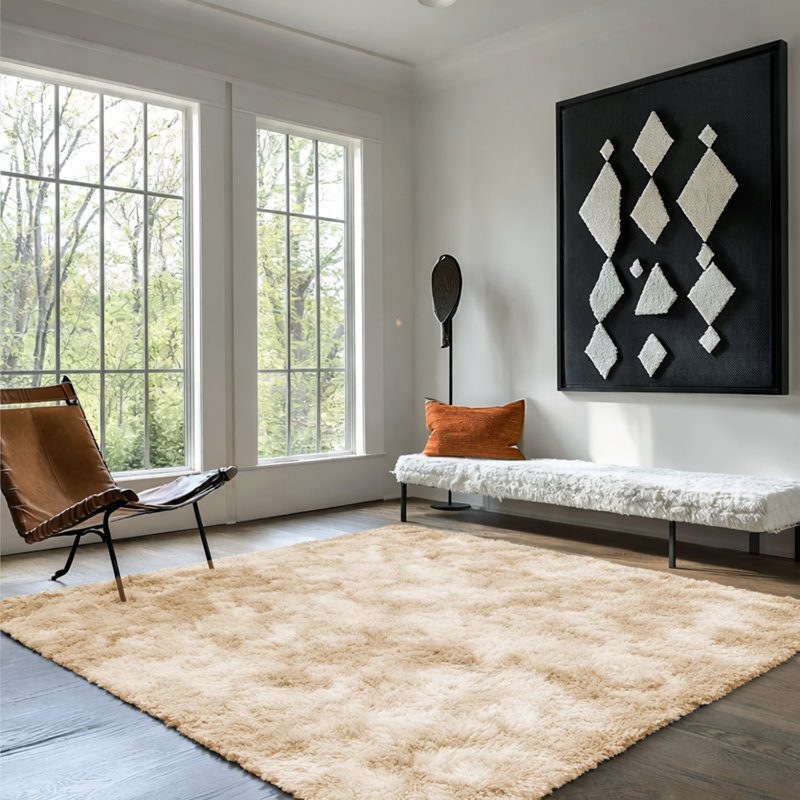 Soft Fluffy Living Room Large Area Rug, Tye Dye Cream, Rectangle 120 x 170 cm