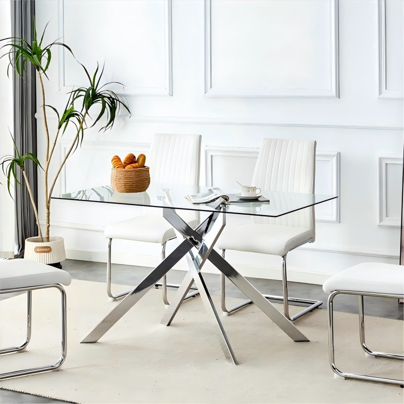 Table de salle à manger Carlinda pour 4 à 6 personnes, Transparent / Argent
