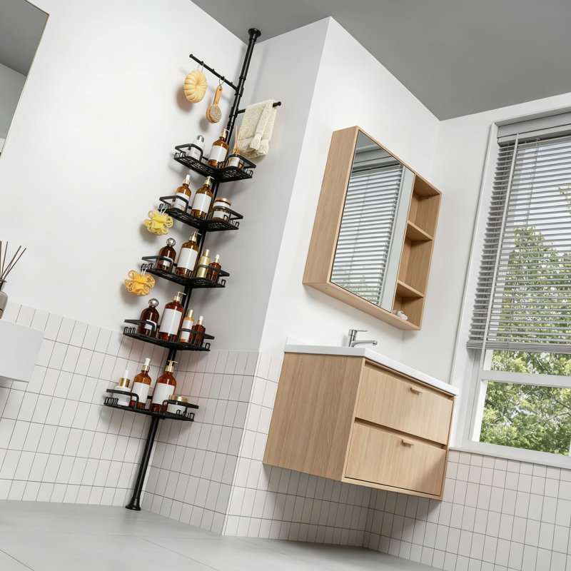 Serviteur de douche à barre de tension avec porte-serviettes et crochets, organisateur de douche de plancher à plafond réglable de 25 à 114 pouces, tablettes de coin à 4 niveaux pour le rangement et la suspension, noir mat