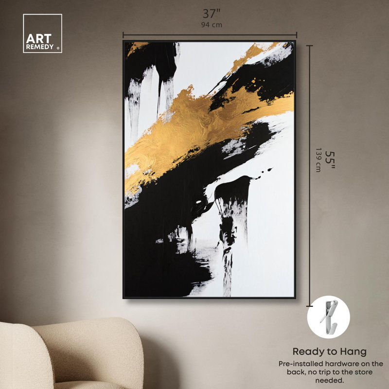 «Gleaming Strikes Canvas Gold Leaf», art mural par Art Remedy, Cadre noir, H 25 po x l 17 po x P 1,2 po