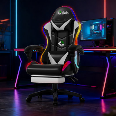 RGB LED Lights Gaming Chair with Footrest and Lumbar Massager for Adults and Kids