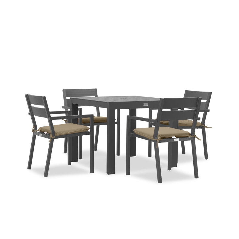 Eartha Square 4 - Person Power Coated Aluminum Dining Set with Cushions, Toile Sunbrella® régate, Gris ardoise