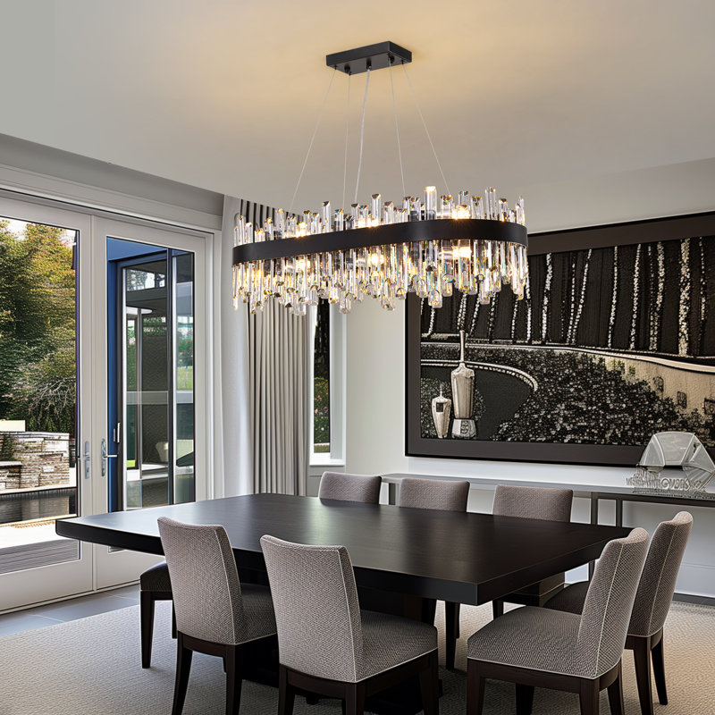 Kacy 16-Light Dimmable Modern Matte Black Rectangle Chandelier with Crystal Accents for Kitchen Island Dining Room, Black