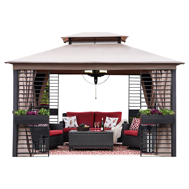 Sunjoy 11 ft. x 13 ft. Gazebos with Planters, Contempo Outdoor Patio Steel 2-Tier Soft Top Gazebo with Netting and Curtains