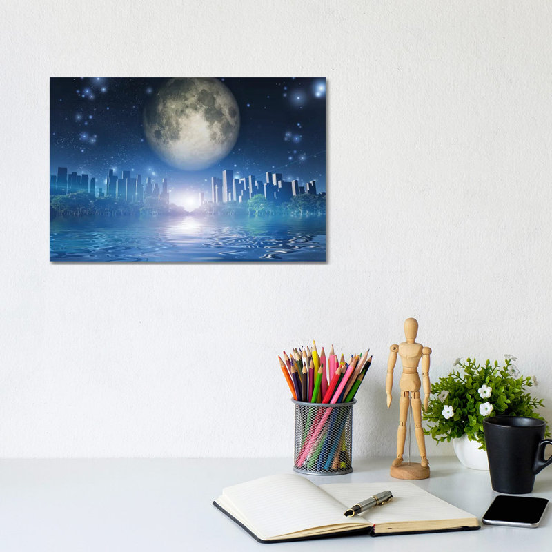 Green Trees In Water World Giant Moon In The Sky by Bruce Rolff - Wrapped Canvas Painting, 20.32 cm H x 30.48 cm W