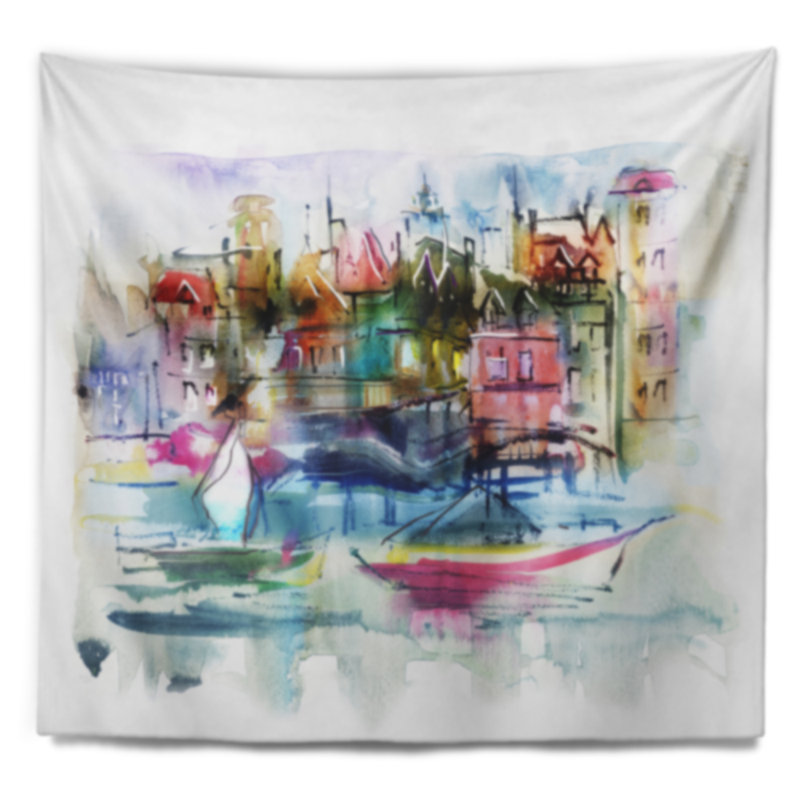 Maisons de paysage et tapisserie de bateaux, H 50 po x l 60 po