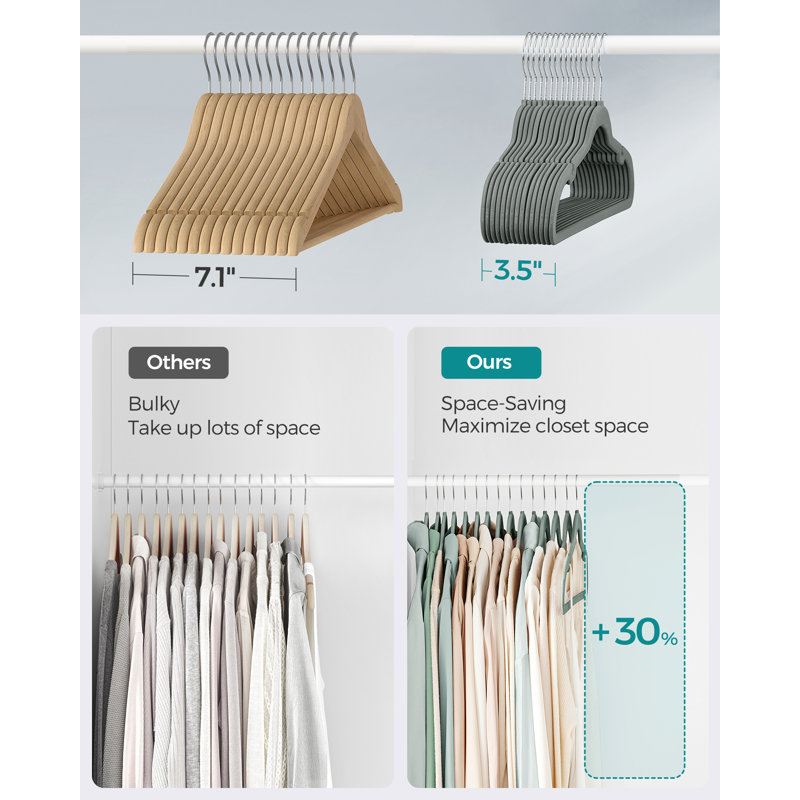 Velvet Hangers, Pack 20 Coat Hangers For Clothes, Non-Slip, With Shoulder Notches, Trouser Bar, 360° Swivel Hook, Space-Saving, 0.6 Cm Thick, 43 Cm Long