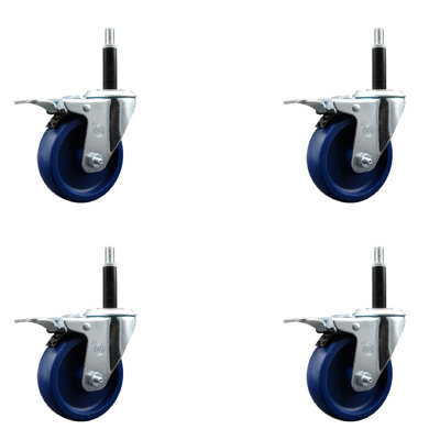 4 Inch SS Solid Poly Swivel 3/4 Inch Expanding Stem Caster Set Total Lock Brake