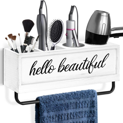 Support de sèche-cheveux mural, outils pour les cheveux et organisateur de coiffage avec barre à serviettes, support pour appareil de beauté pour fer à repasser, fer à friser, porte-serviettes (blanc)