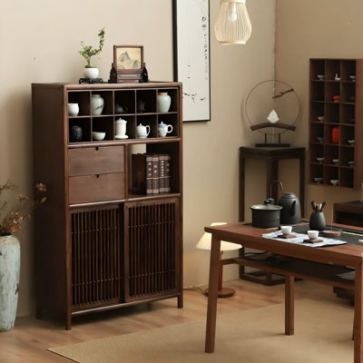 35.43"New Chinese-style brown black walnut wood solid wooden display cabinet for storage
