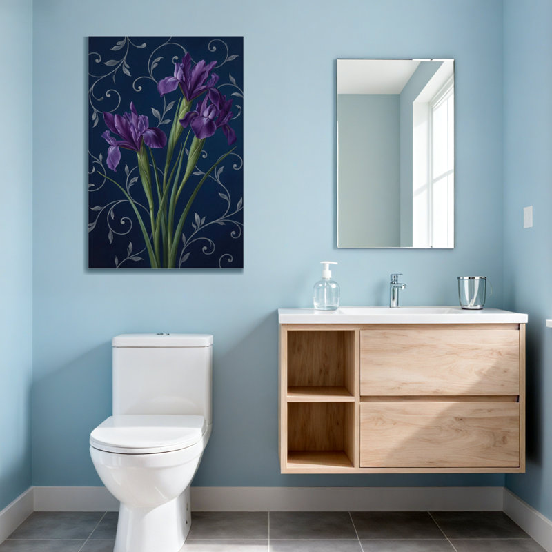 Plantes et fleurs d'iris mauves sur fond bleu foncé avec des vignes argentées, H 24 po x l 16 po
