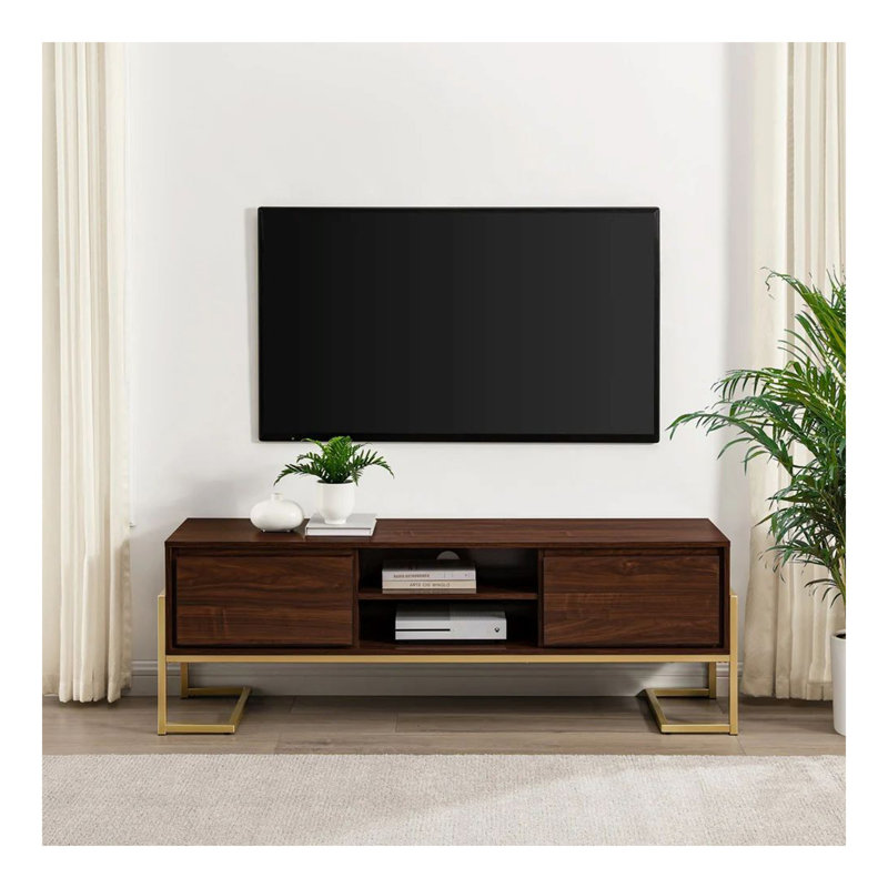 Meuble télé 2 tiroirs Modern Glam pour téléviseur jusqu'à 65 pouces - Noyer foncé