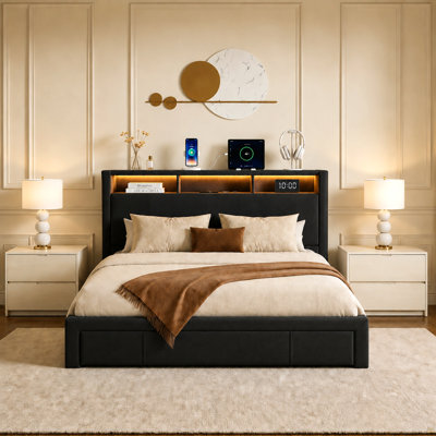 Queen-Size Upholstered Bed With Drawers, Equipped With An Upholstered Storage Headboard, Heavy Metal Crossbar Support, Led And Usb Charging, Silent Design, Black (Mattress Not Included)