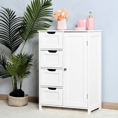 Armoire de salle de bain moderne en blanc - tablette réglable et tiroirs, pour différents espaces de rangement avec 4 tiroirs à lattes