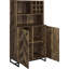 Armoire à vin moderne à 2 portes avec touche rétro, finition chêne rustique, façade à chevrons, support et verres à pied pour armoire de salle à manger de style transitionnel, rangement pour bouteilles, quincaillerie bronze industriel