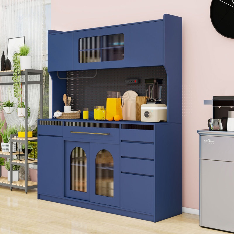 Buffet autoportant avec huche, tablettes réglables, 6 tiroirs, prise de courant, panneau perforé et porte-serviettes, Bleu