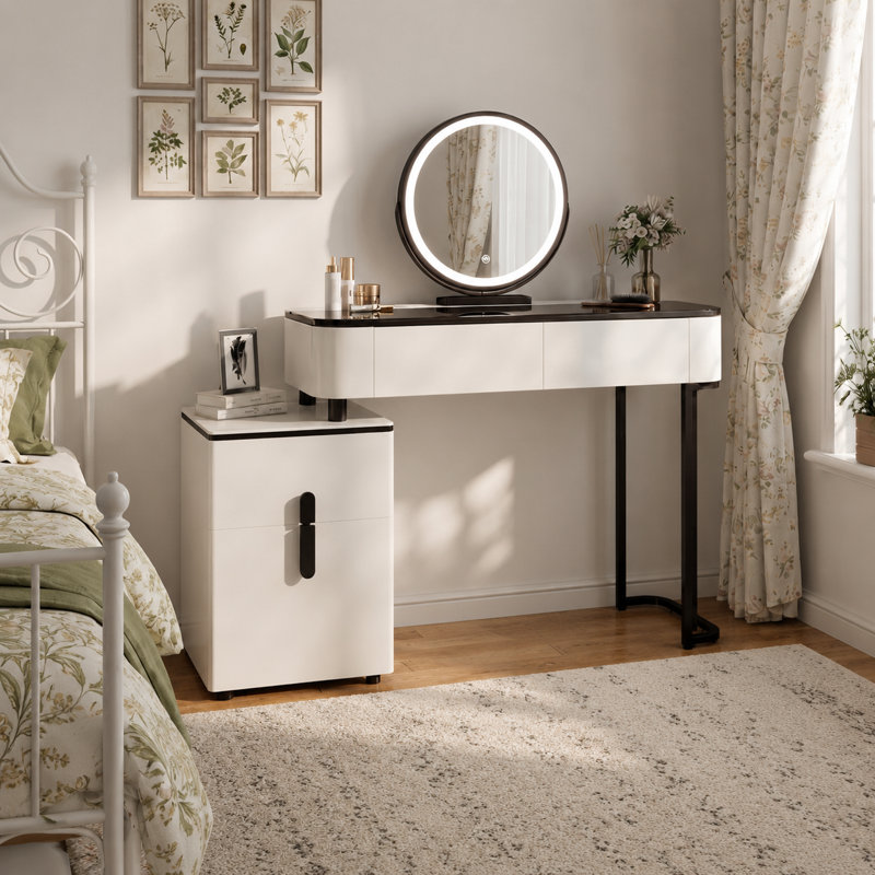 Vanity Desk With Led Lighted Mirror, Makeup Table with 4 Drawers, Dresser Table for Bedroom, White and Black, Medium（39.37"）