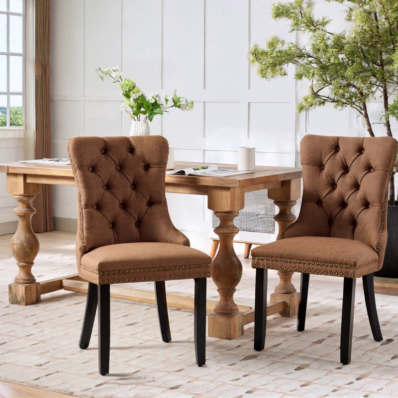 High-End Tufted Solid Wood Contemporary Flax Upholstered Linen Dining Chair With Wood Legs Nailhead Trim 2-Pcs Set, Black