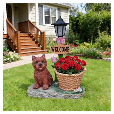 Solar Puppy Planter Outdoor Statue - Garden Decor with Lights - Cute Sitting Puppy Figurine - Weather-Resistant Lawn Ornament - Patio & Pathway Decoration Brown