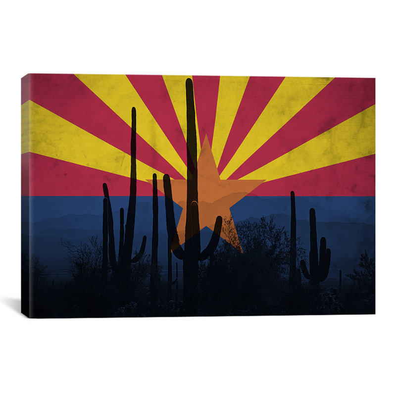 Drapeau de l'Arizona, Cactus grunge, impression sur toile, H 12 po x l 18 po x P 1,5 po, Toile tendue, Pas de tapis