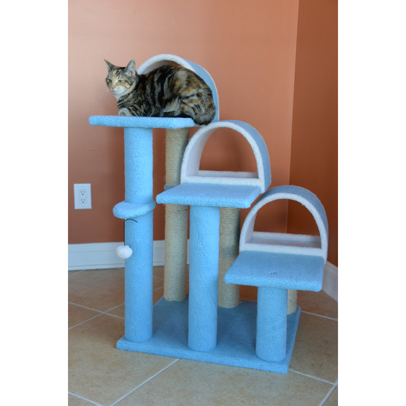 38-Inch Sky Blue Sisal Cat Tree with Tunnels and Steps
