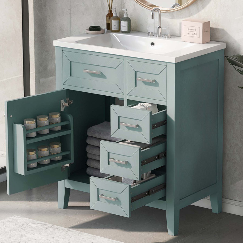 Meuble-lavabo élégant avec plusieurs options de rangement et fabrication durable, Vert