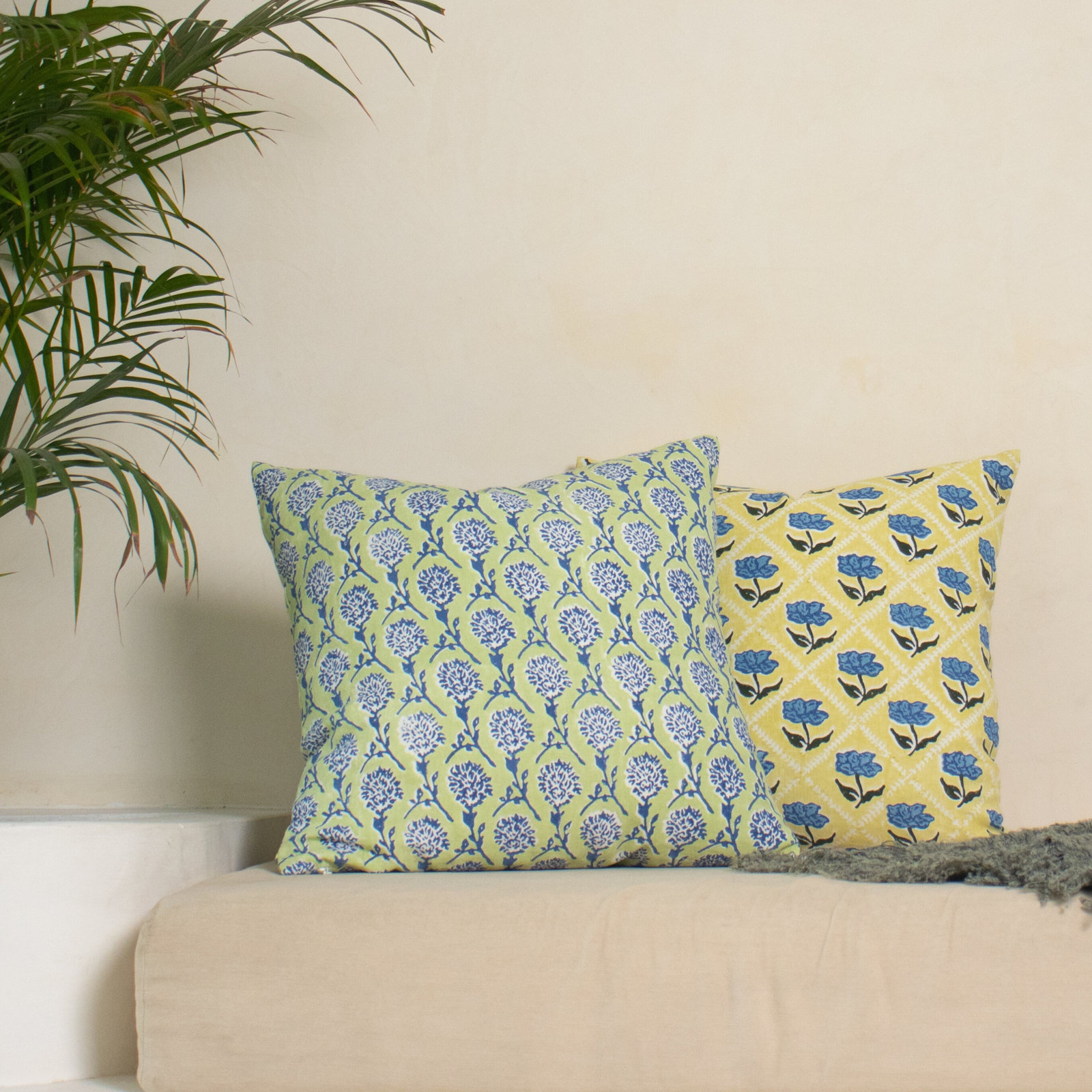 Linen Pillow Cover, Square 20", Green/Navy Floral