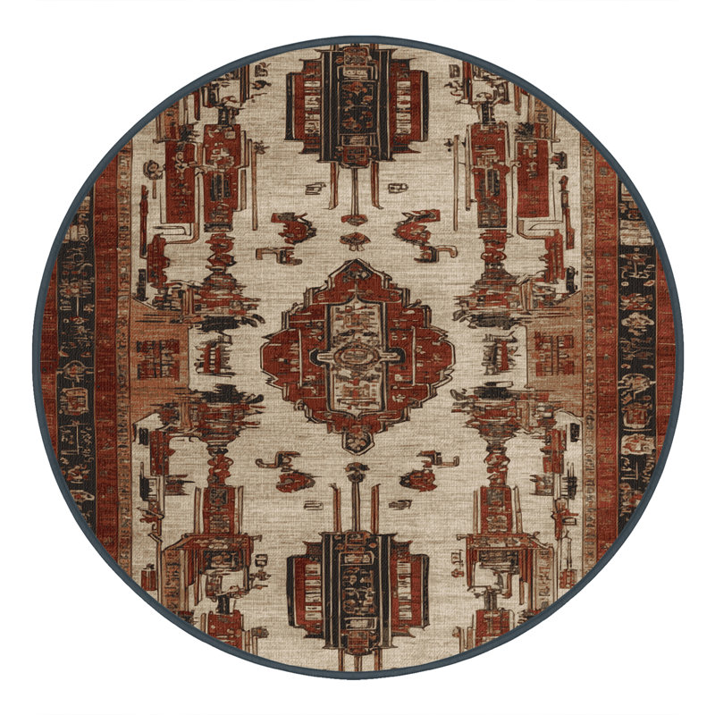 Machine Washable Art Deco Brown Area Rug, Round 3'