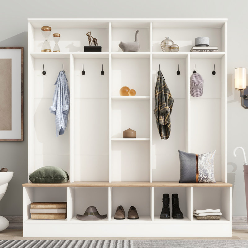 Arbre d'entrée large avec banc de rangement, armoire à chaussures minimaliste et 8 crochets pour les entrées, vestibule