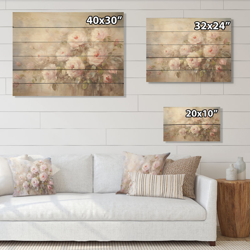 «Pink Roses Farmhouse Charm - Roses, art mural sur bois de pin naturel, H 24 po x l 32 po