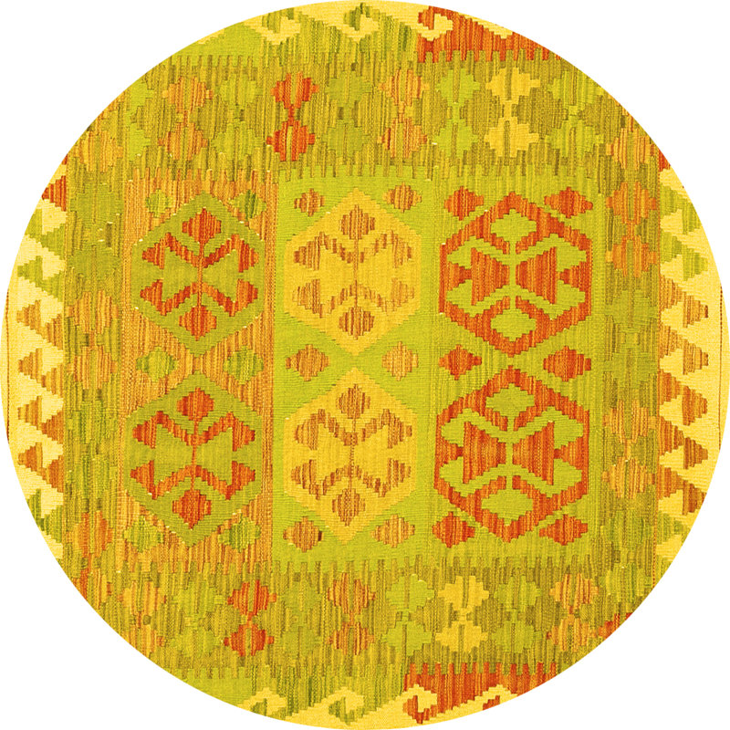 Tapis oriental en laine / polyester tissé à la machine en jaune / vert / orange, Rond 5 pi
