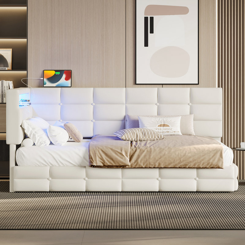 Lit de jour rembourré avec station de charge et rangement parfait pour les espaces de vie, Beige