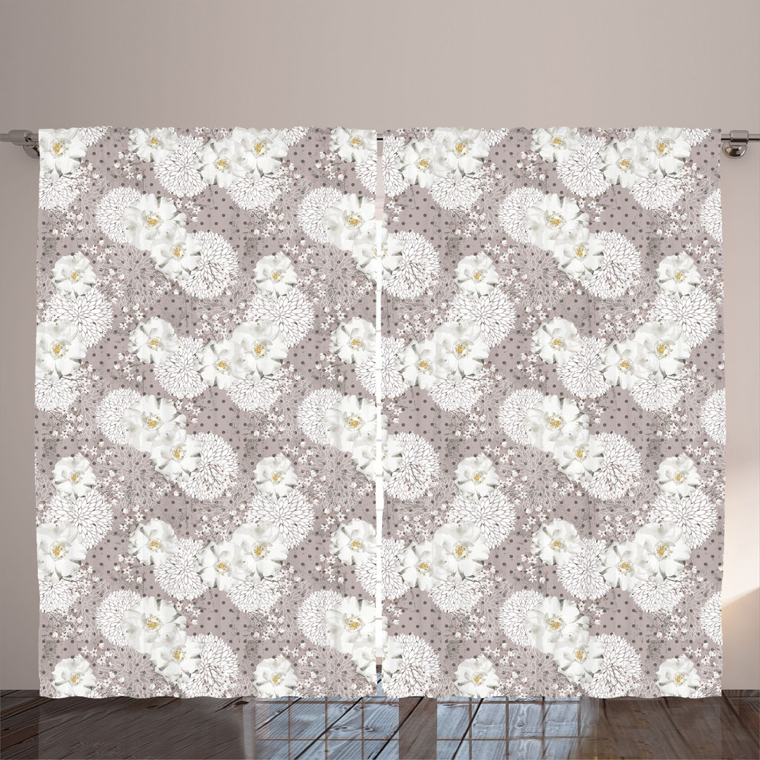 Rustic curtain, cottage core peony, vintage flowers, taupe gray white gray