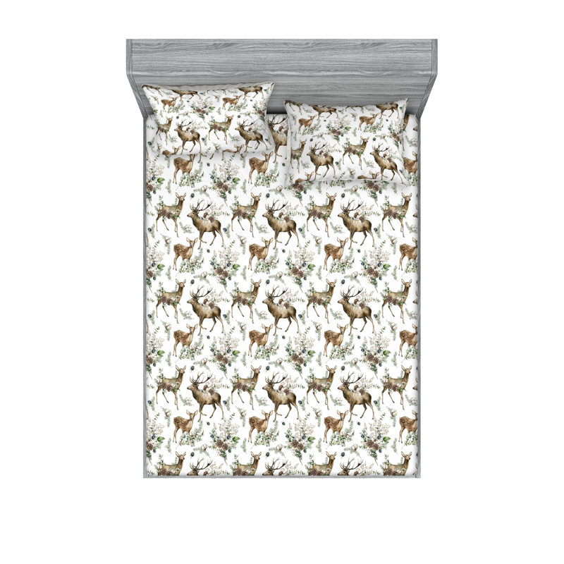 Ambesonne Fitted Sheet & Shams, Laurel Green/White Floral, Full Sheet Set with 2 Pillowcases