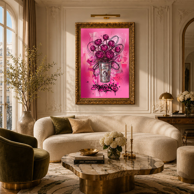 Art mural sur toile, fond de graffiti, pivoines roses en argent, 30"H x 20"W