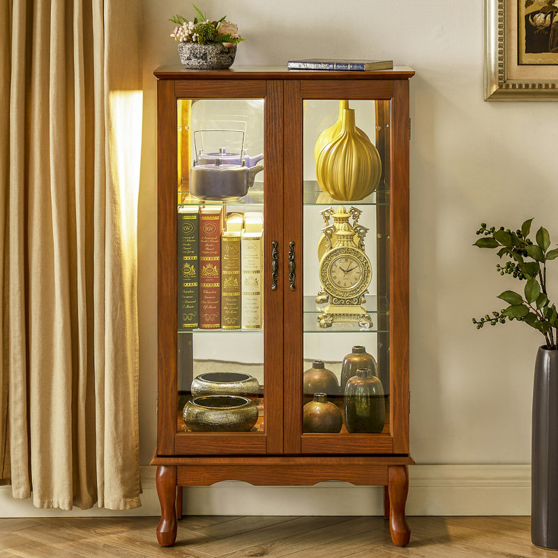 Oak Curio Cabinet With Adjustable Shelves And Mirrored Back For Collectables Display Tempered Glass Doors Panel Collectibles